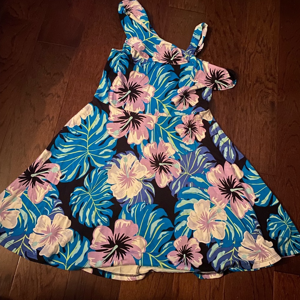 Childrens blue and purple flower of the shoulder dress | Size 14
